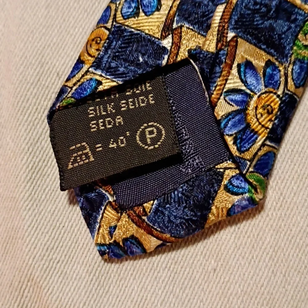 Ermenegildo Zegna Blue and Gold Geometric Floral Tie